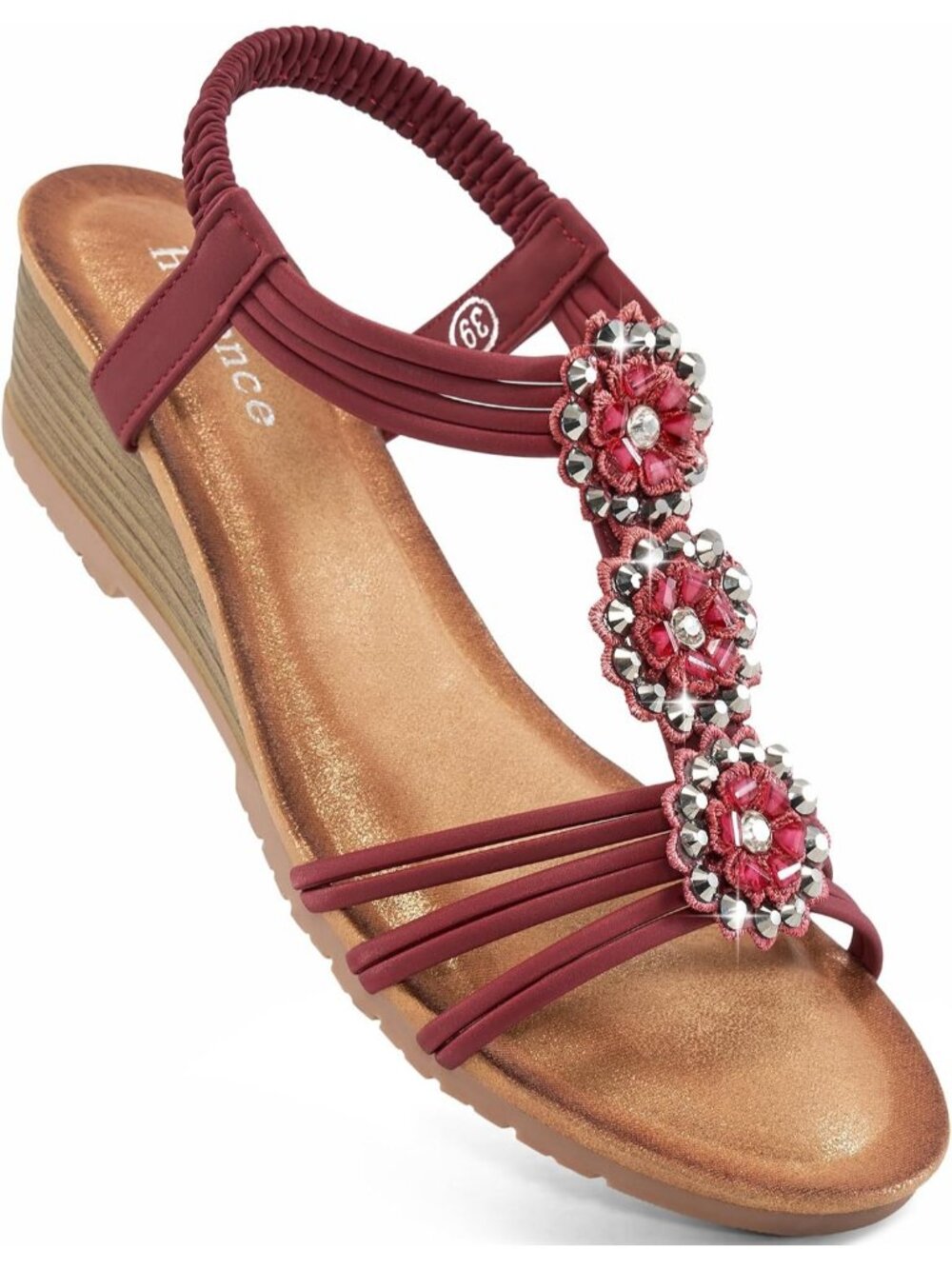 Women Wine Red Floral Rhinestone Elastic Slingback Low Wedge Heel Sandals Shoes